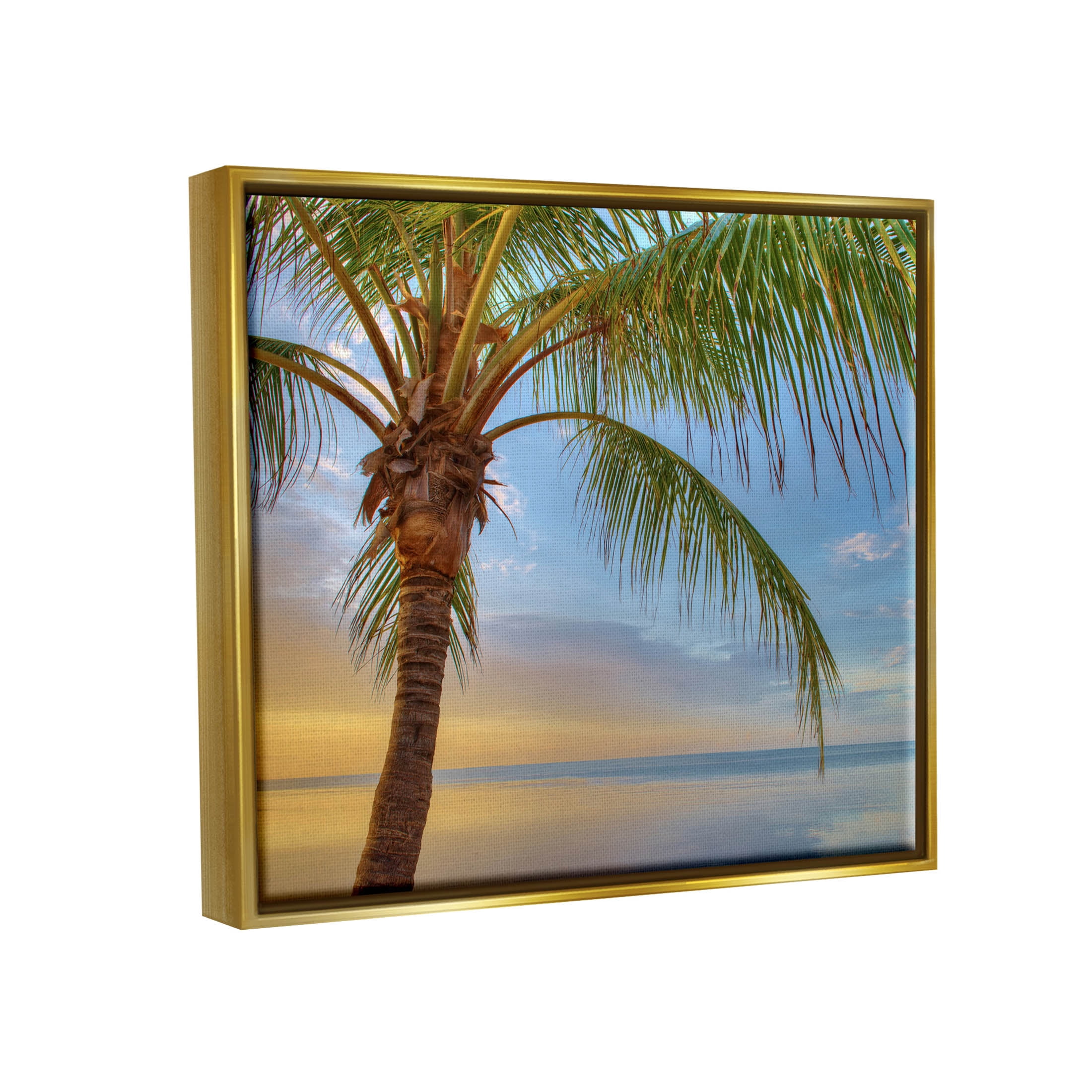 Sunrise Palm Tree Sky Reflection Coastal Photograph Metallic Gold Framed Art Print Wall Art