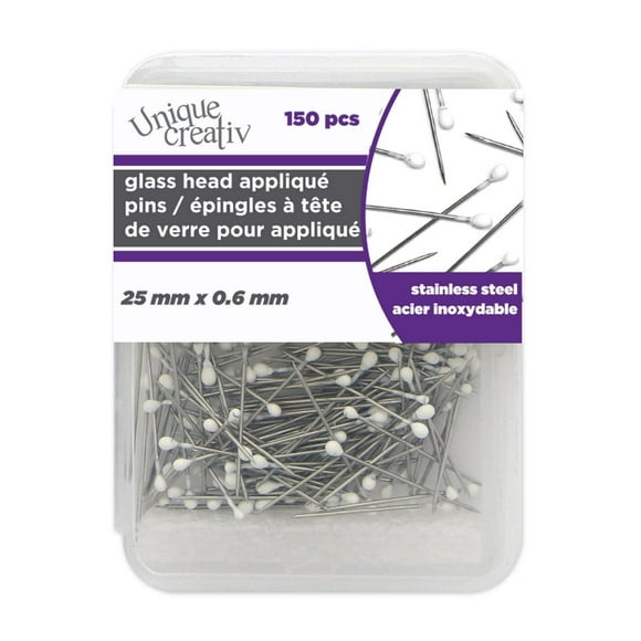 Épingles à tête en verre UNIQUE CREATIV — Blanches, 25 mm × 0,6 mm, paquet de 150