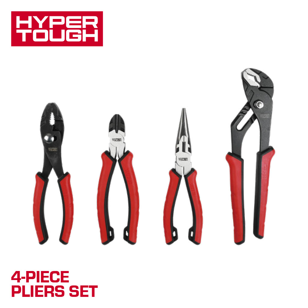Hyper Tough 4-Piece CR-V Pliers Set with Dual Material Comfort Grips
