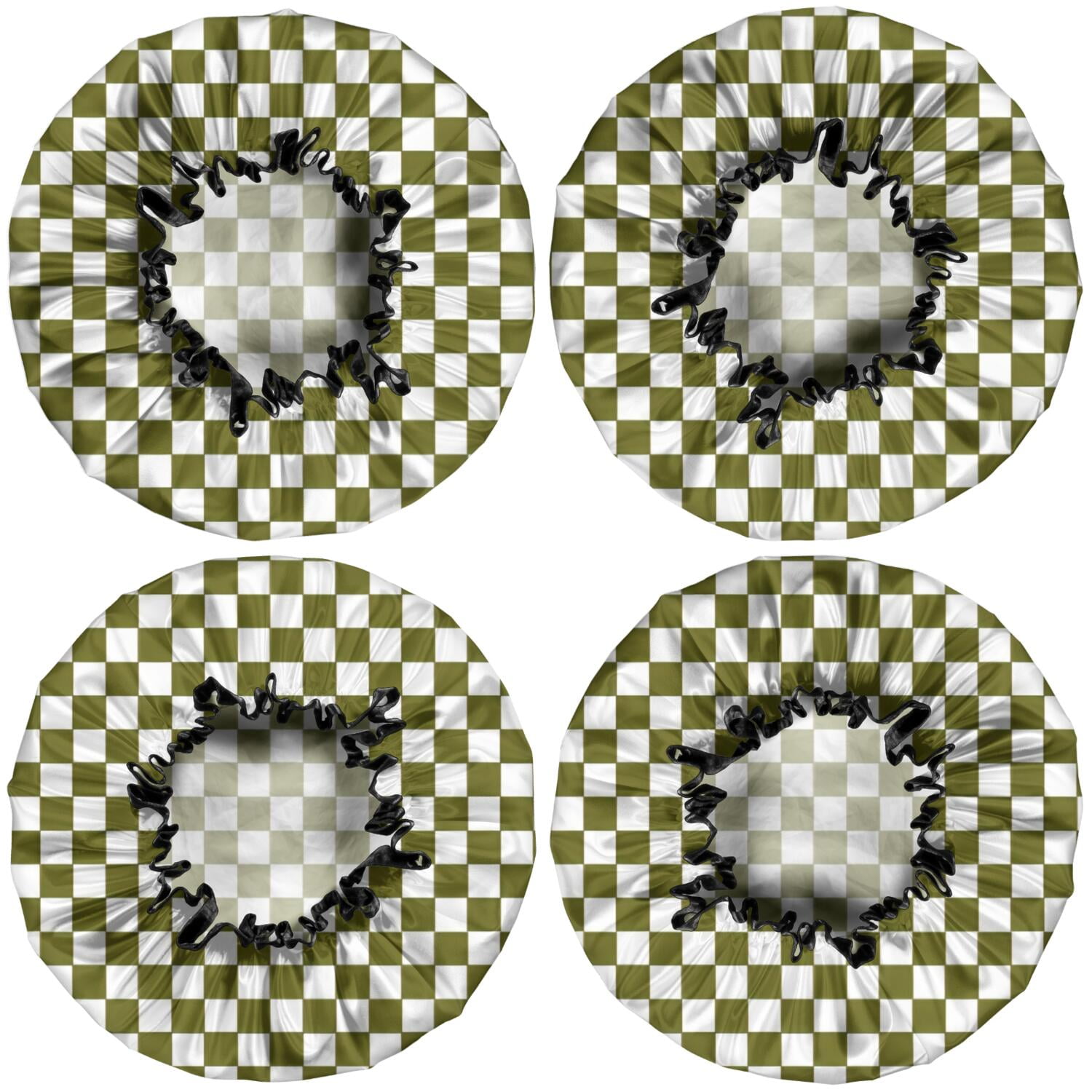 Shower Caps,Olive Green and White Checkerboard Pattern Waterproof Shower Cap for Women 4 Pieces,Double Reusable Hair Cover for Shower PEVA Elastic Stretch Hem