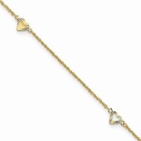 Primal Gold 14 Karat Yellow Gold Diamond-cut Hearts 10-inch Plus 1-inch Extension Anklet