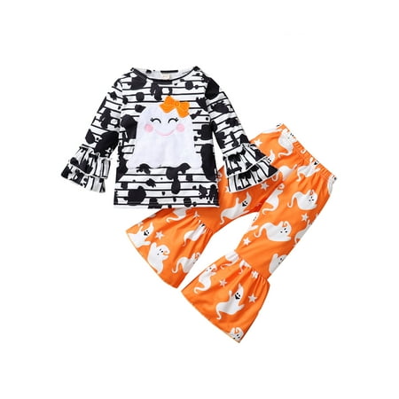 

Sunisery 2PCS Toddler Baby Girl Halloween Outfits Long Sleeve Ghost T-shirt Top Wide Leg Pants Clothes Orange 18-24 Months