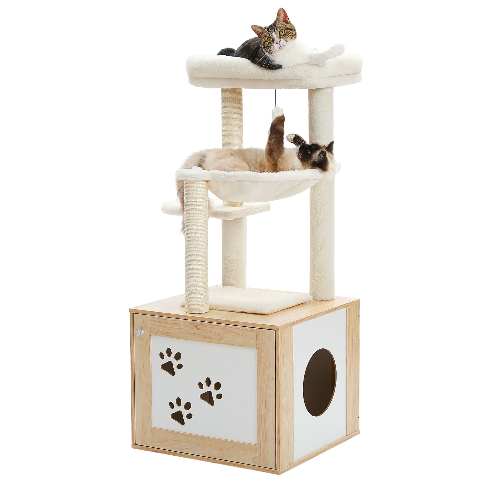 Pefilos 46" Wood Cat Tree Tower with Litter Box Enclosure, Cat Condo, Hammock, Cat Scratching Posts, Removable Top Perch, Beige Pefilos 46" Wood Cat Tree Tower with Litter Box Enclosure, Cat Condo, Hammock, Cat Scratching Posts, Removable Top Perch, Beige