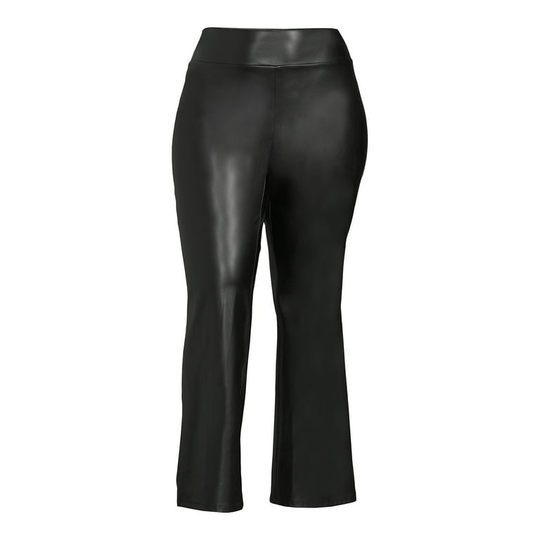 Plus Size Faux Leather Detail Flare Pants - Black