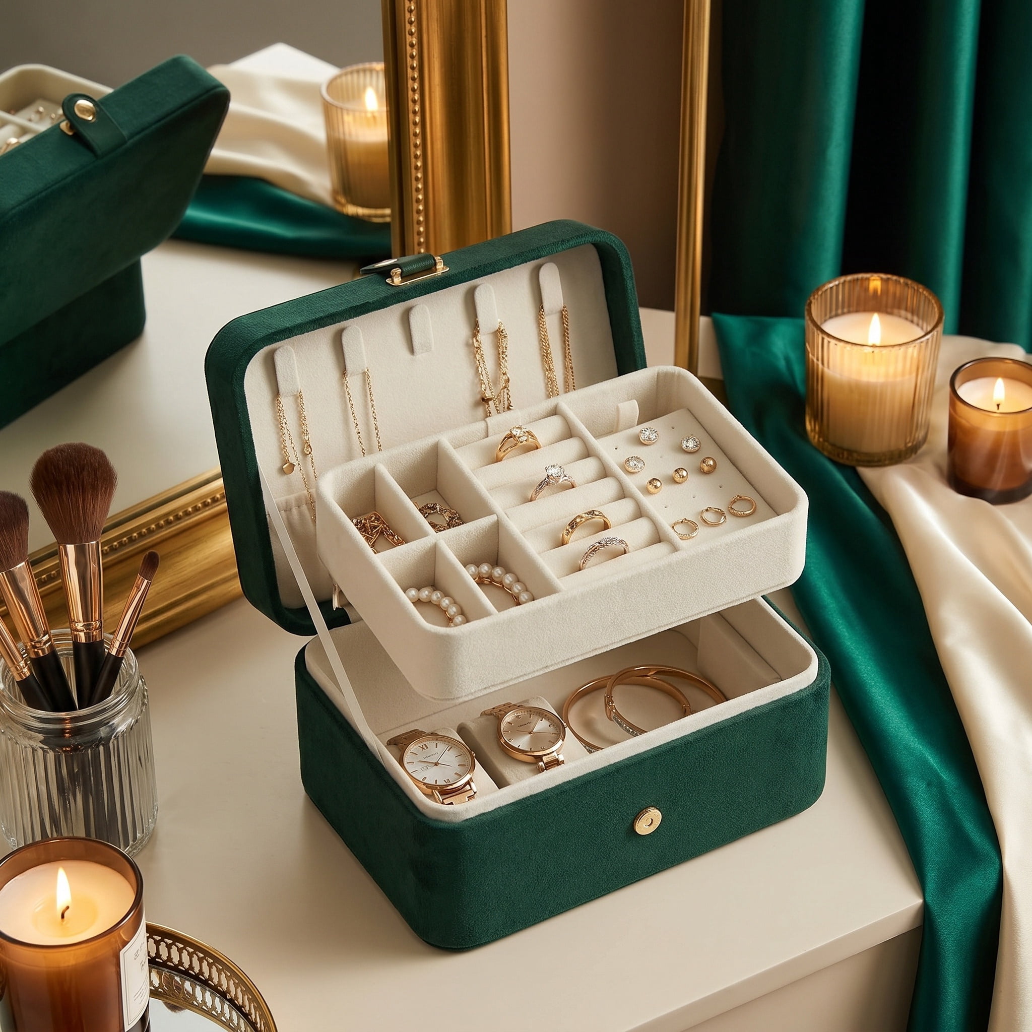 Nordic Hygge 2-Layer Portable Travel Jewelry Case, Retro Green Luxe Organizer