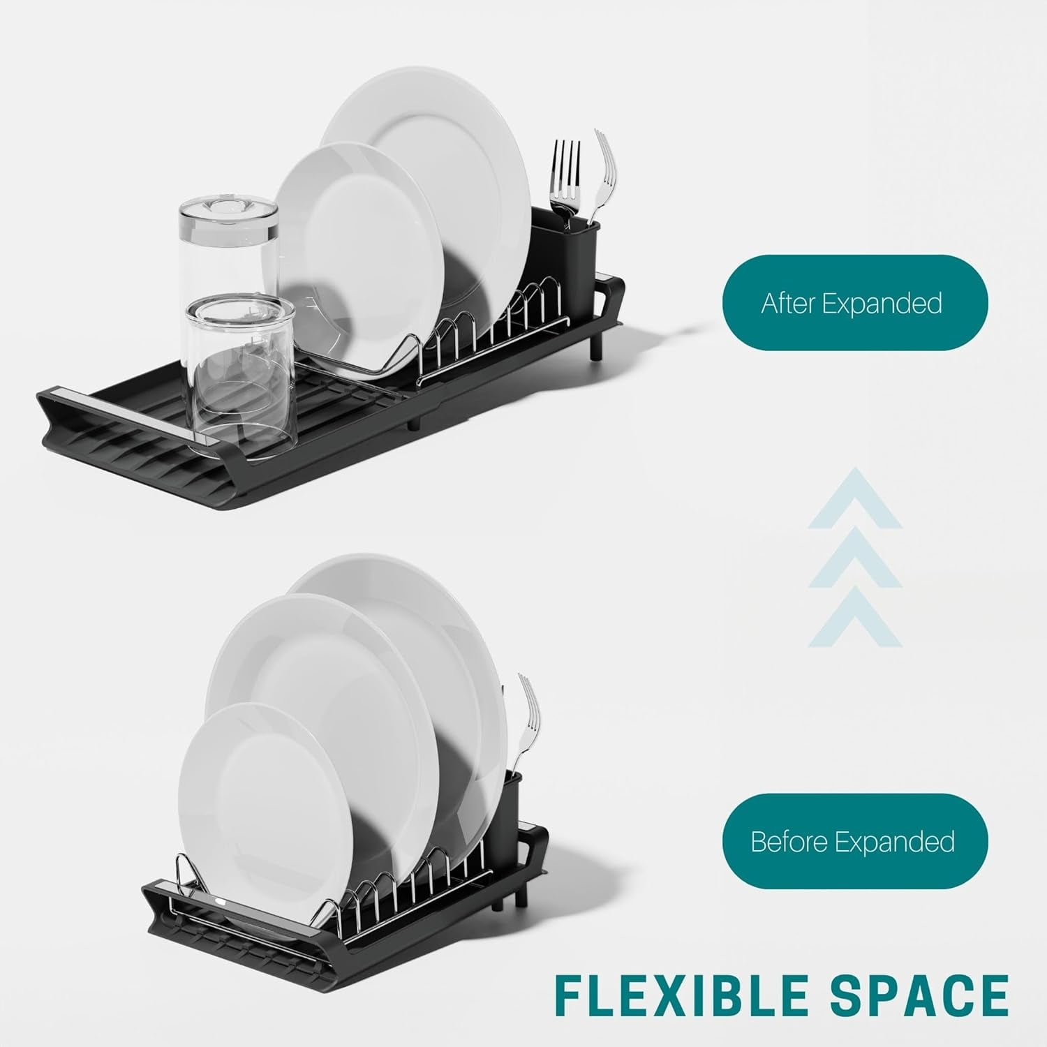 Extendable Dish Drying Rack, Small Dish Rack, Compact Dish Drainer, Dish Racks for Kitchen Counter, Stainless Steel Dish Drying Rack with Removable Cutlery Holder, Grey