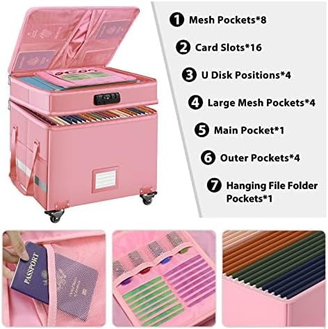 File Box with Lock,2-Layer Fireproof Document Box with Wheels,Collapsible Rolling File Storage Organizer with Pockets,Large Portable Home Office Filing Cabinet Safe for Hanging Folders,Pink