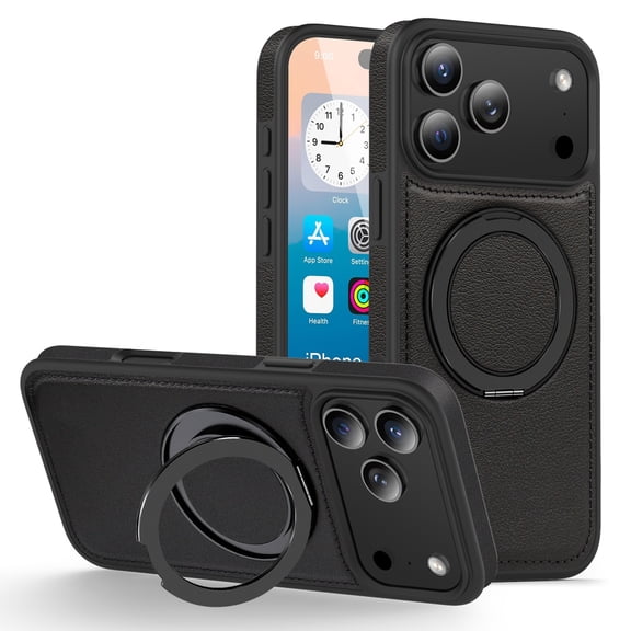 Dteck for iPhone 18 Pro Max Case with Magnetic Rotating Ring Stand, Compatible with MagSafe, PU Leather Slim Fit Phone Cover,Black