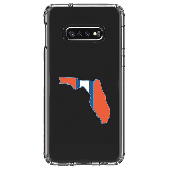 DistinctInk Clear Shockproof Hybrid Case for Samsung Galaxy S10e (5.8" Screen) - TPU Bumper Acrylic Back Tempered Glass Screen Protector - Orange & Blue State of Florida