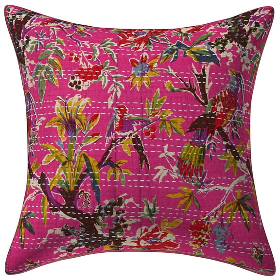 Stylo Culture Ethnic Sofa Throw Pillow Cover 16x16 Kantha Pink Printed 40 x 40 cm Home Decor Accent Pillowcase Cotton Bird Floral Square Cushion Cover | 1 Pc