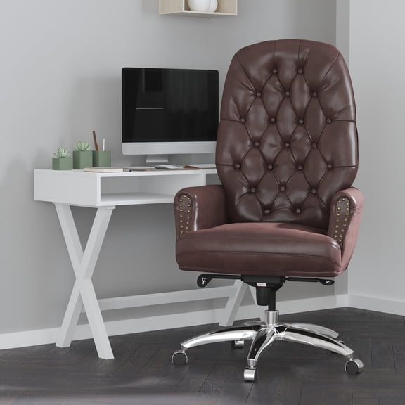 Merrick Lane Yennefer Brown Faux Leather Office Chair with Ergonomic Lumbar Support and Button Tufted High-Back Design