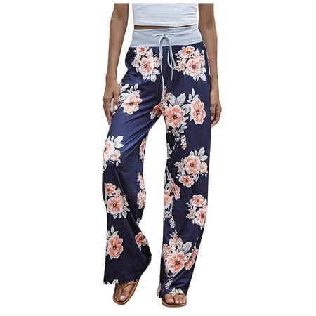

Womens Casual Drawstring Pants High Waist Palazzo Pants Floral/Polka Dot Print Stretch Wide Leg Pants Comfy Pajama Pants(S，Navy）