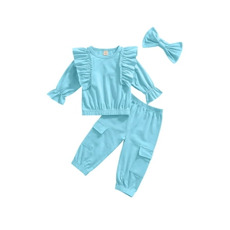 

GirarYou Solid Color Ruffle Pullover + Trousers with Pockets + Bowknot Headband