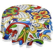SKYSONIC Mexican Talavira Tile Pattern Round Tablecloth 60In,Table Cover Water Resistant Spill Proof Large Table Cover for Indoor & Outdoor Family Gathering Dinner, Hotel, BBQ