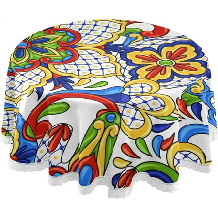 SKYSONIC Mexican Talavira Tile Pattern Round Tablecloth 60In,Table Cover Water Resistant Spill Proof Large Table Cover for Indoor & Outdoor Family Gathering Dinner, Hotel, BBQ