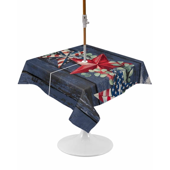4th of July Square Outdoor Tablecloth, Waterproof Table Cloth Cover with Umbrella Hole and Zipper, Independence Day Red Star Vintage Table Protector for Patio Party Picnic 60"x60"