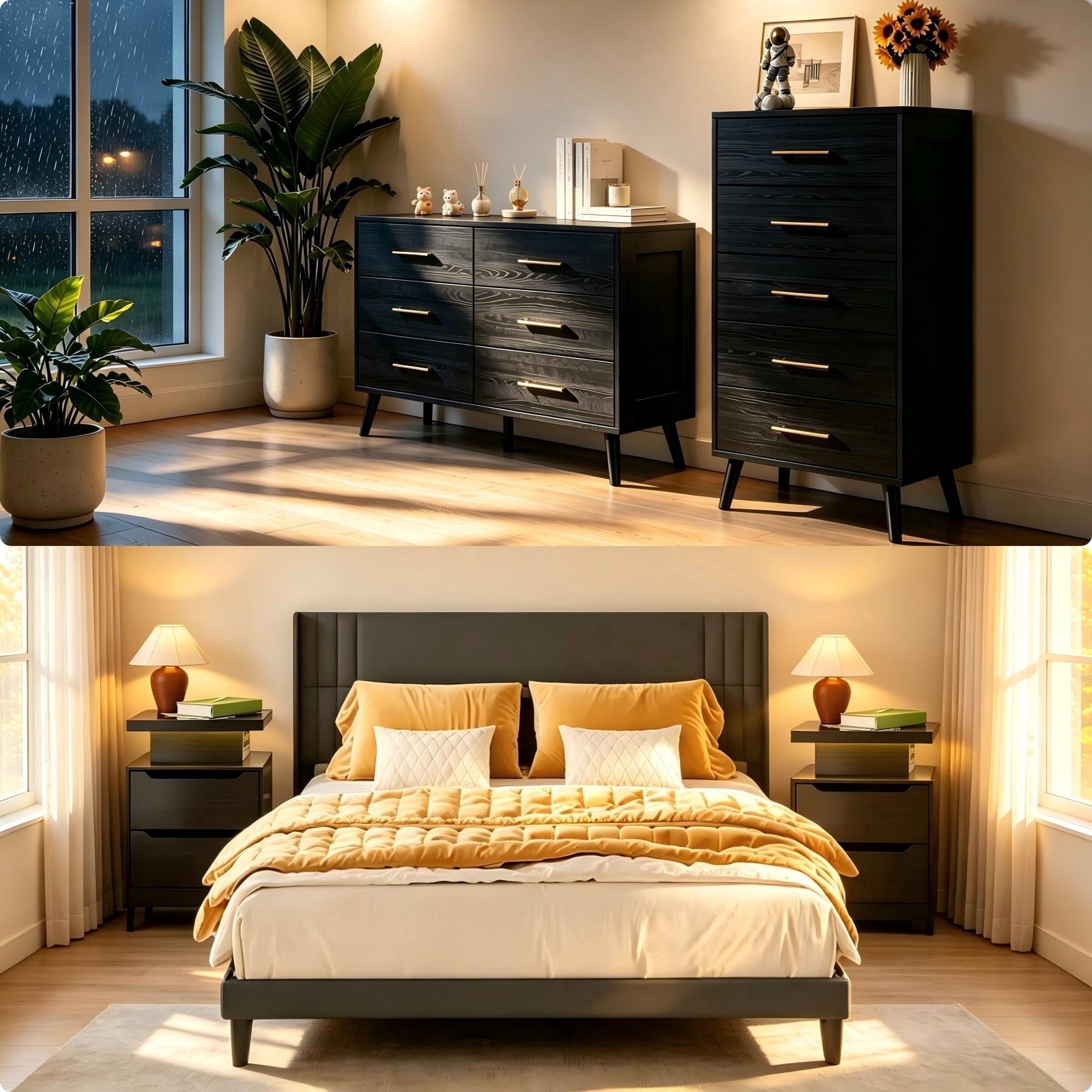 Bedroom Set - Lofka Full Bedroom Furniture Sets include Full Bed Frame, 2 Nightstands, 5-Drawer Dresser and 6-Drawer Dresser, Modern Home Furniture