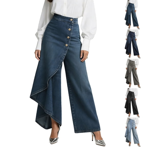 Bixock Summer Women's Clothing,Wide Leg Pants for Women,Pants for Women Loose Large Solid Color Casual Denim Like Button Washed Denim Skort Pants Style Clothes