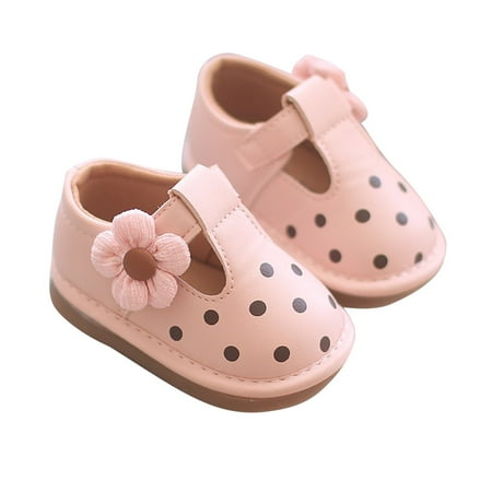 Baby Girls Shoes Soft Sole PU Leather Mary Janes Flats Flower Dots First Walkers Flats Anti-skip Infant Shoes (5.5  Pink)