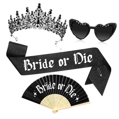 SKYSONIC 4 Pieces Gothic Bachelorette Party Set, Bride Crystal Crown Sunglasses Sash and Fan for Bridal Shower(Wife of the Party)