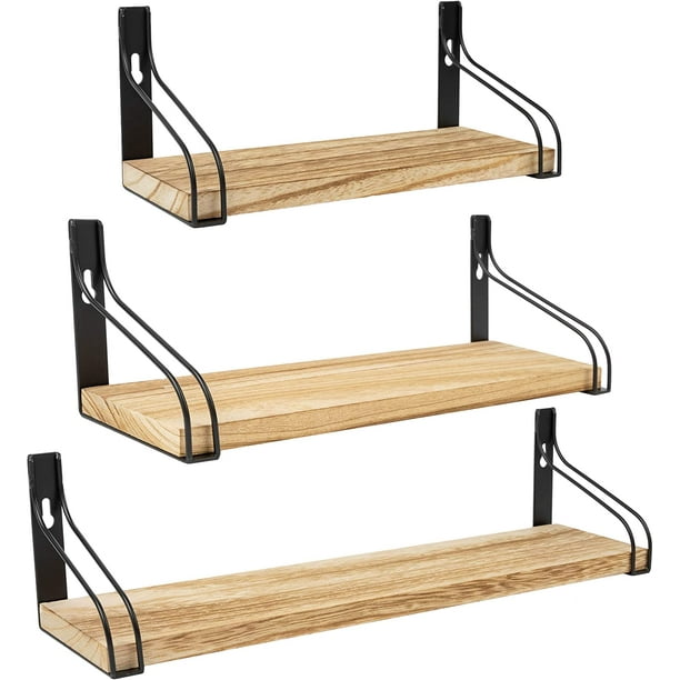 Wall Floating Shelf 3 Size Wood Shelves for Bedroom, Kitchen, Bathroom with Black Brackets - Wall Mounted Floating Wall Shelves for Living Room