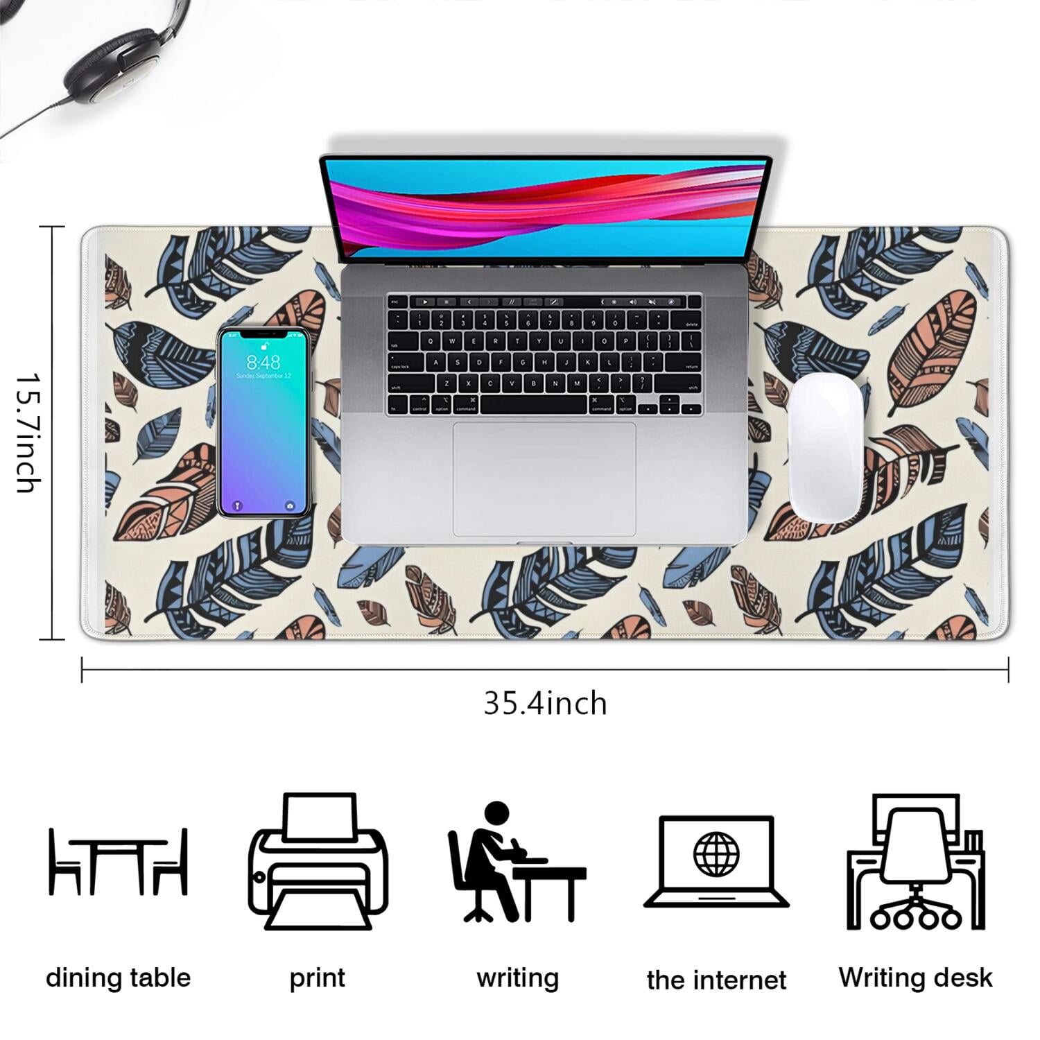 Long Mouse Pads for Desk,Blue and Brown Feather Pattern Desk Mats on Top Of Desks, Desk Mouse Pad Extra Large with 3mm Non-Slip Base and Stitched Edge for Gaming,Office,Work,Home 35.4"x15.7"