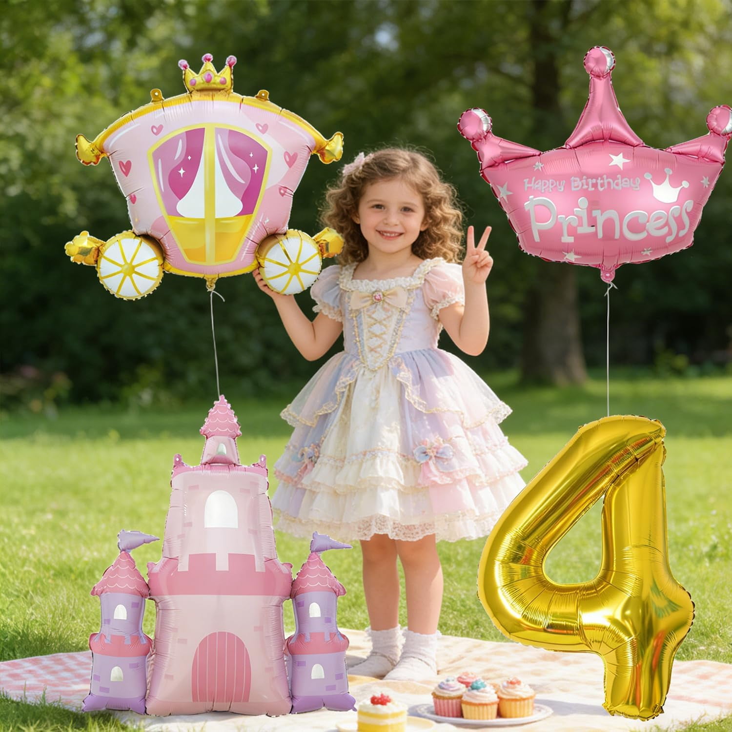 Princess Balloons for Girls' 4th Birthday Party Decorations Pink Gold Crown Pink Castle Balloon,Carriage Balloon Gold 40in Large Number Foil Balloon