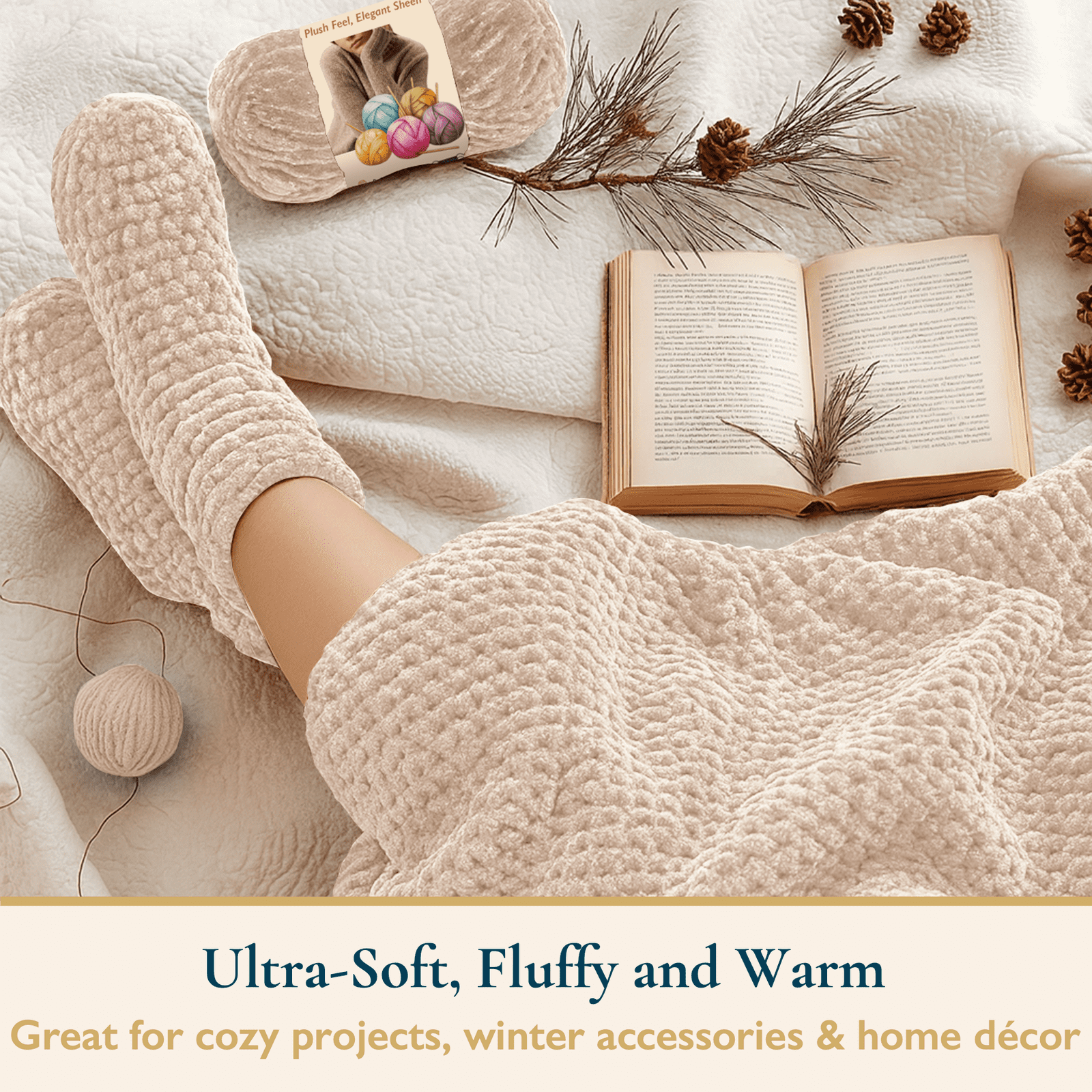 ComfiTime 6-Pack Velvet Yarn – Bulky #5, 3.5 oz / 87.5 Yds per Skein, OEKO-TEX Certified, Soft Fluffy for Sweaters, Blankets, Scarves, Home Décor, Crochet/Knitting/Amigurumi, Machine Washable, Beige