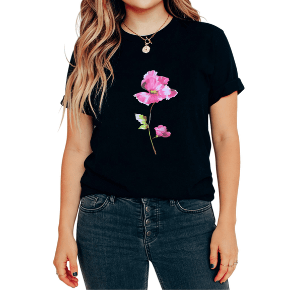UNISHE Women's Pink Poppy Flower Watercolor Floral Aesthetic Botanical Graphic Tops Short Sleeve T-Shirt Suitable