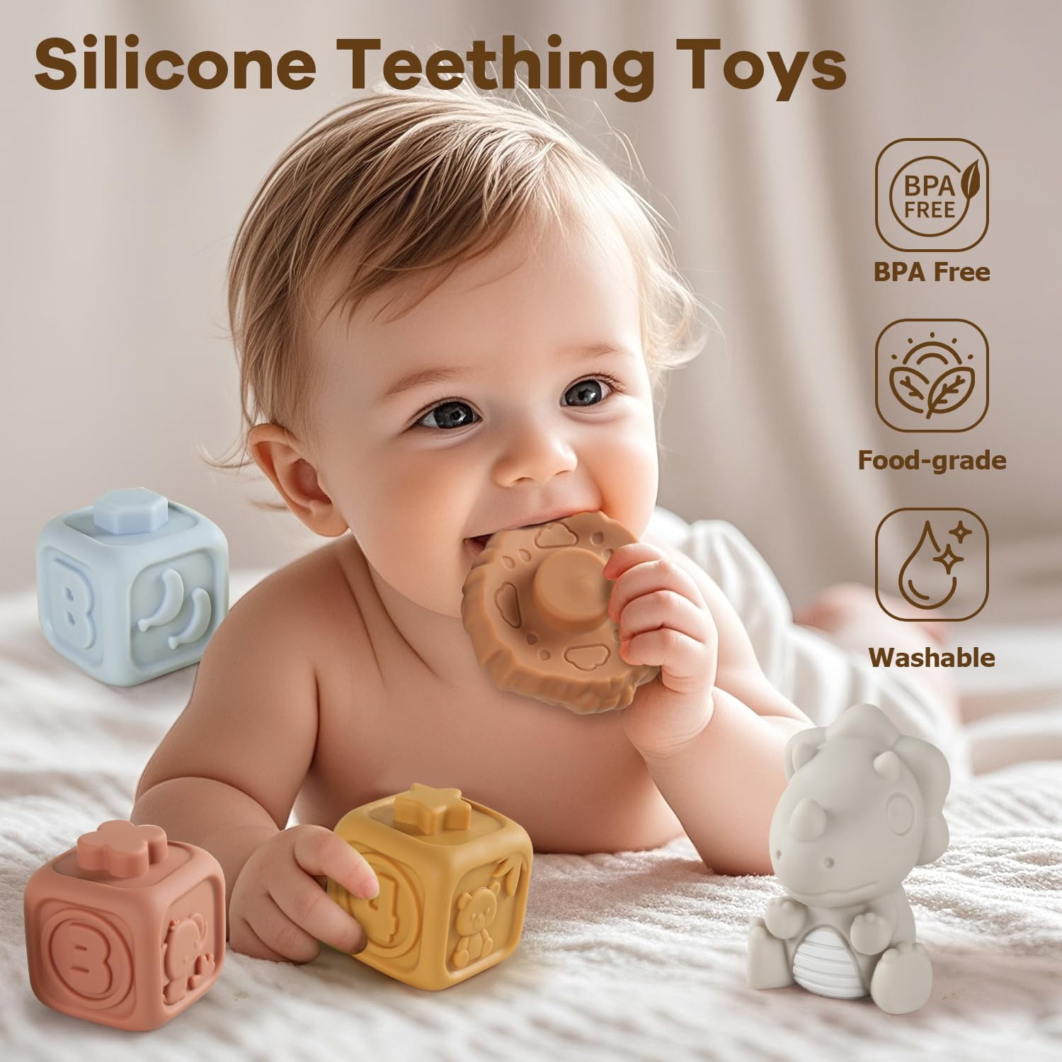 HYPERLIVING Stacking Rings & Nesting Building Blocks for Babies 6 12 18 Months, 14 Pcs Soft Stacker Teething Toys with 2 Dinosaur, Montessori Learning Toys for Infant Toddler Boys Girls