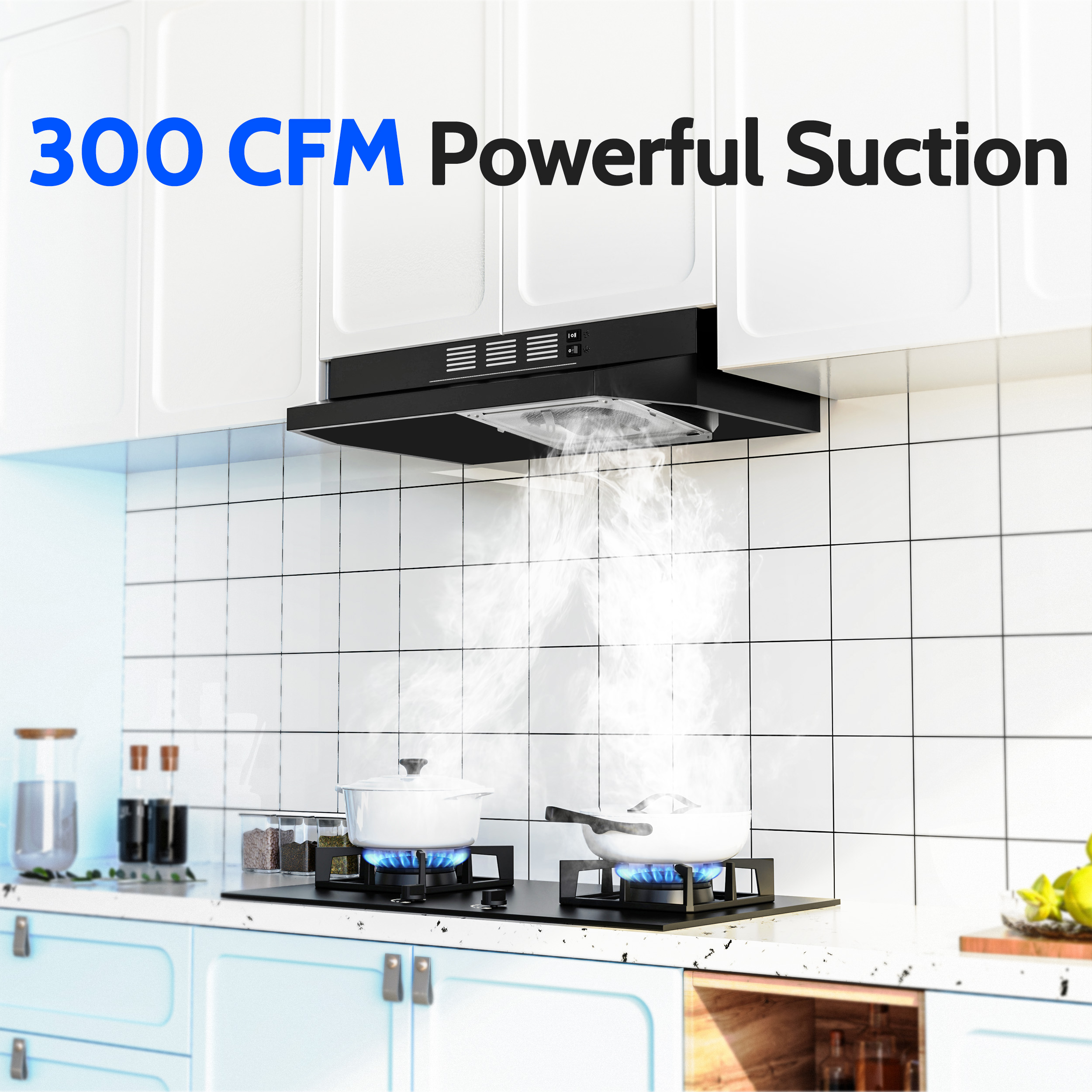 FIREGAS Black Range Hood 24 inch Under Cabinet Range Hood with 2 Speed Exhaust Fan,Ducted/Ductless Convertible,Rocker Button Control,300 CFM,Aluminum Filter