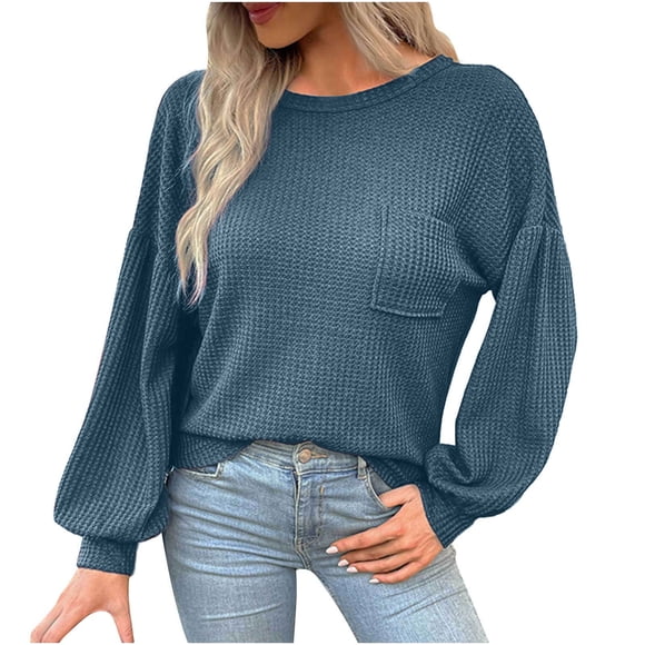 Bigersell Chandail en Tricot à Manches Longues pour Femmes, Couleur Unie, Mignon, Élégant, Doux, Col Rond, Mode, avec Poches, Léger, Vêtements d'Hiver, Bleu P