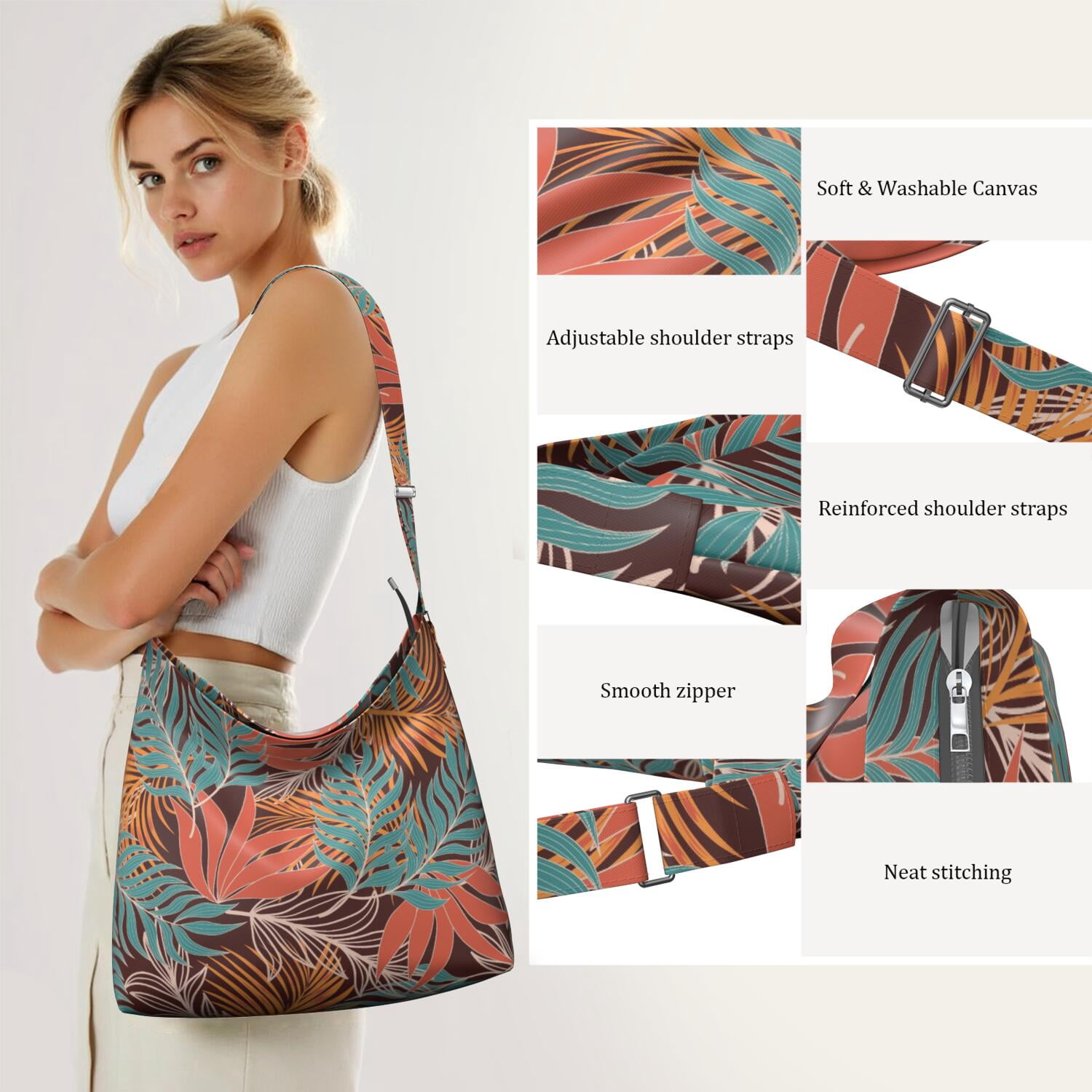 Tropical Palm Leaf Shoulder Bag for Women - Large Capacity Minimalist Travel Purse with Adjustable Strap & Multi-Pocket Design