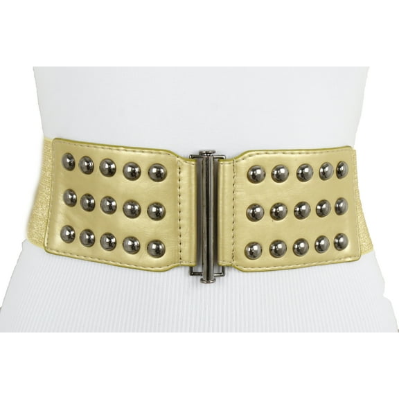 Women Gold Wide Elastic Fashion Belt Pewter Studs Size M L