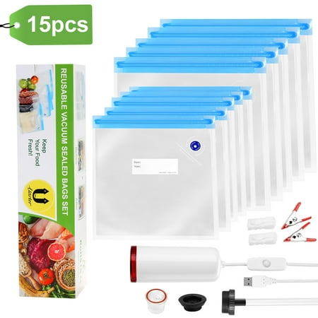 Uarter Sous Vide Bags Kit- 10 Sous Vide Bags(2 Sizes), 1 Handheld Vacuum Sealer, 1 Cleaning Brush, 2 Sealing Clips and 2 Sous Vide Clips, BPA Free and FDA