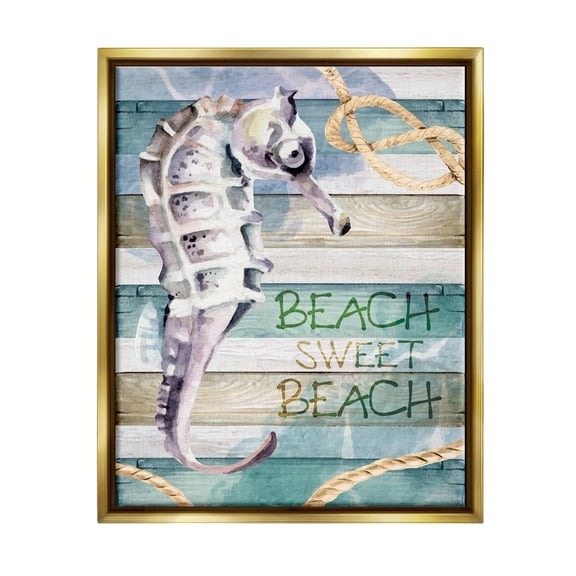 Stupell Sweet Beach Seahorse Nautical Rope Landscape Painting Gold Floater Framed Art Print Wall Art