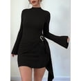 thumbnail image 5 of Women Casual Mini Dress Bell Long Sleeve Boat Neck Tie Waist Bodycon Dresses Knitted Party Black S, 5 of 9