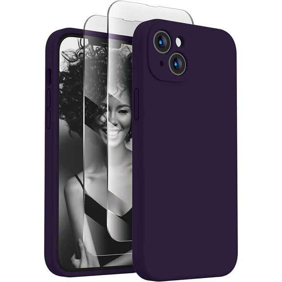 for iPhone 14 Case, Silicone Upgraded [Camera Protection] Phone Case with [2 Screen Protectors], Soft Anti-Scratch Microfiber Lining Inside, 6.1 inch, Purple