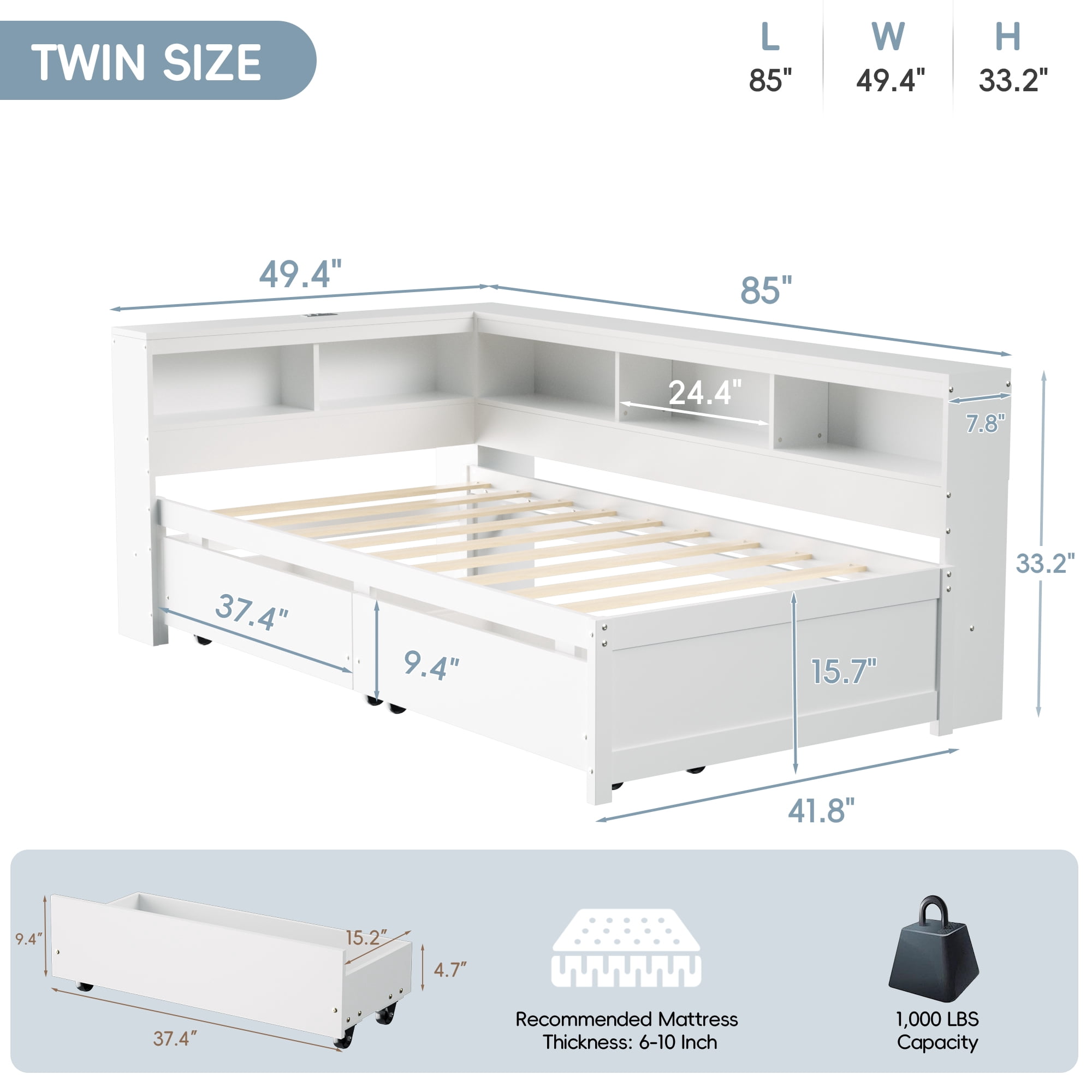 Joywind Twin Corner Bed Frame with Storage Drawers, Bookcase Headboard, Charging Station & LED Lights,White