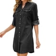 thumbnail image 4 of Sevevn Women's Stand Collar Button Down Denim Shirt Dress Long Sleeve Chest Patch Pocket Side Split Loose Casual Mini Jean Dress Black L, 4 of 9