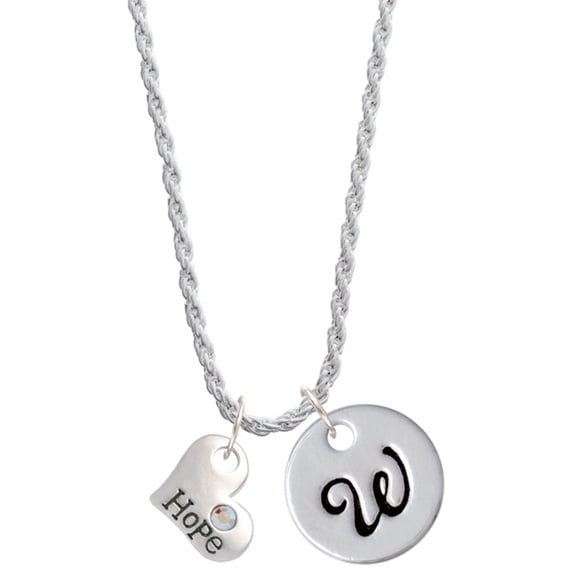 Delight Jewelry Hope Heart with AB Crystal Silvertone Script Initial Disc - W - Charm Necklace, 20"+3"