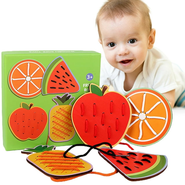 Kids Threading Toy Wooden: 4PCS Animal Fruit Weaving Lacing Toy Educational Toy