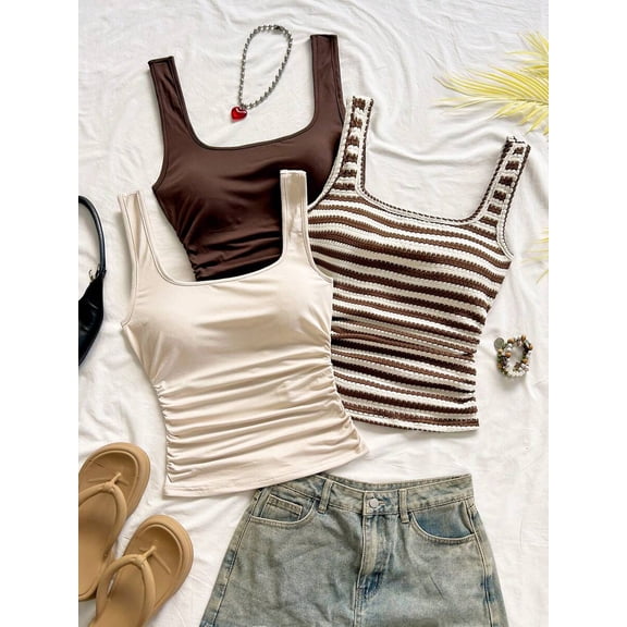 Women's Square Neck Tank Top Multipack, Ruched Sides Solid & Striped Knit Sleeveless Cami for Summer Casual Vacation