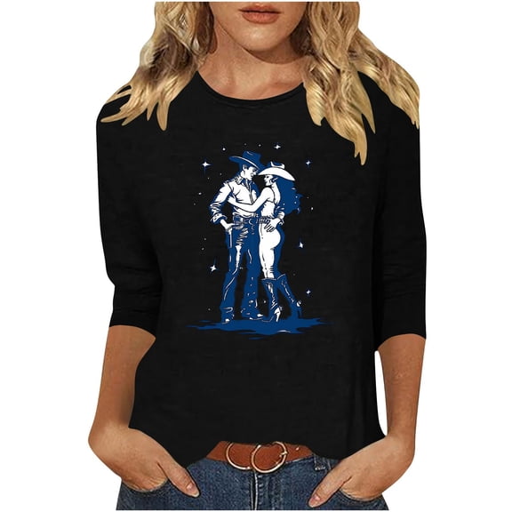 Ruimatai Women's Western Print 3/4 Sleeve T-Shirt Stylish Casual Comfortable Soft Stretch V-Neck Tee for Ladies