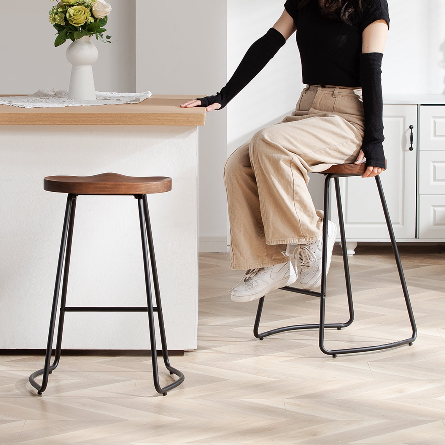 FIRAVOE Bar Stools Set of 3 (Solid Wood Saddle Seat) 26 Inch Counter Height Barstools Backless Counter Stools for Kitchen Island