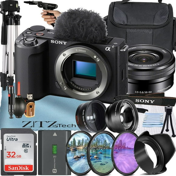 Sony ZV-E10 II Mirrorless Camera (Black) with 16-50mm Lens + SanDisk 32GB Card + Case + Wideangle + Telephoto + ZeeTech Accessory Bundle