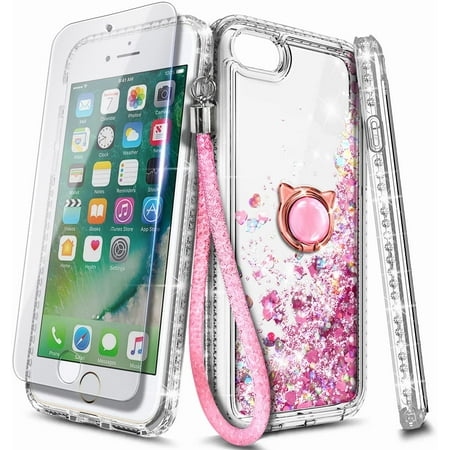 Nagebee Case for iPhone 8 Plus, iPhone 7 Plus / 6 Plus / 6S Plus with [Clear HD] Screen Protector, Glitter Liquid Bling Diamond, [Ring Holder & Wrist Strap] Girls Cute Case (Rose Gold)