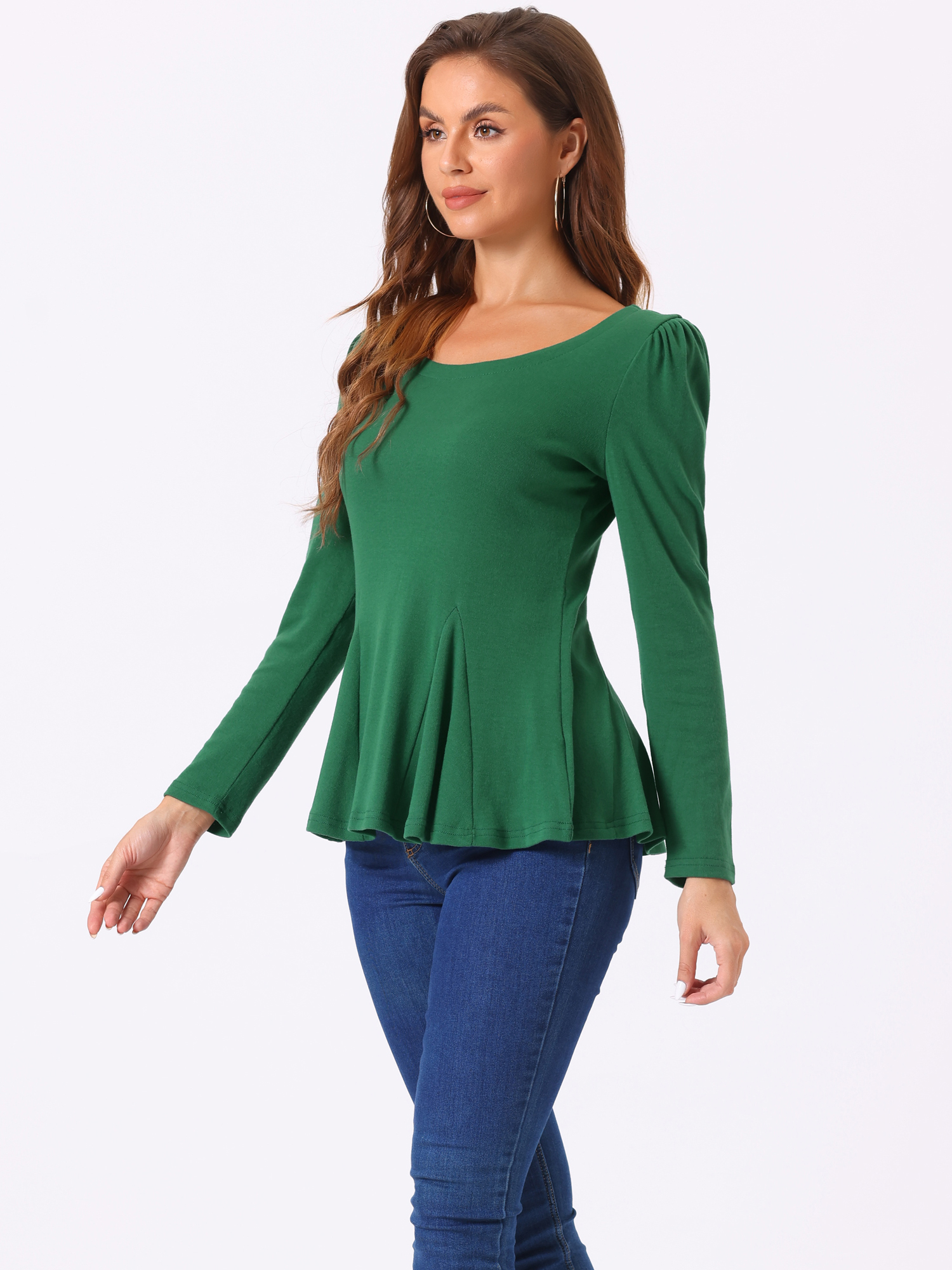DARING DIVA Long Sleeve Scoop Neck Peplum Top M Dark Green