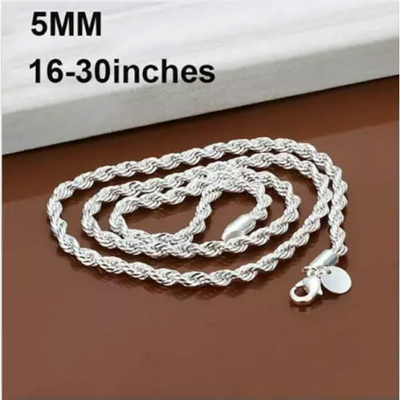 EOEMY 925 Sterling Solid Silver 4mm Twisted Rope Chain Necklace 16" - 24" Mens Womens -5mm-16 Inch