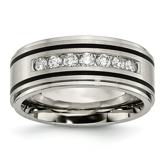 Grey Titanium Ring Band Wedding Black Diamond Round